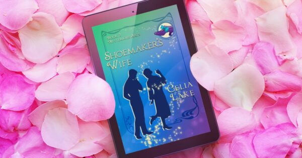 Shoemaker's Wife on a tablet, resting on a bed of pink rose petals. The cover of Shoemaker's Wife has a man and woman in silhouette on a vibrant background of green shading through blue to purple. The woman is standing on one foot with one hand in the air, lifting the other and looking over her shoulder at the shoe while the man looks on. A purple 1920s shoe with a big blue ribbon bow is inset in the top right corner.