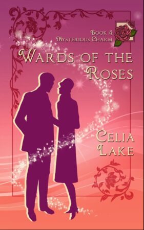 Cover of Wards of the Roses. A man and woman in 1920s clothing silhouetted on a red background that shades to vivid orange-peach at the bottom. A rose is inset in the top right.