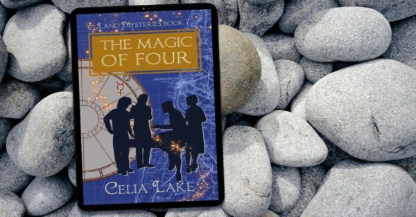 Cover of The Magic of Four on a tumble of smoothed rocks. Four students in silhouette on a blue background of a map off the west coast of Wales. Three stand around a table, the fourth is perched on the near corner, leaning forward and gesturing. 