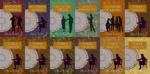 Image showing the completed covers in the series (the first five books), then covers with varying shades of brown into golden and pale yellow as examples. 