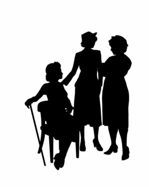 A black and white silhouette image of three women, described in the text. 