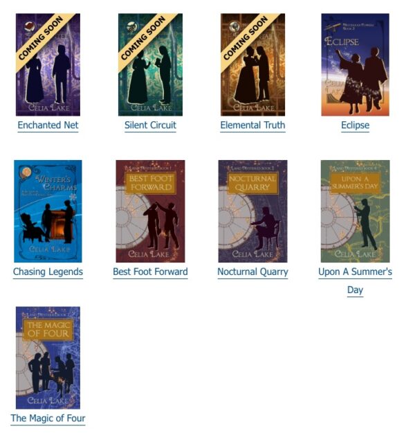 Book grid showing the covers of the books relating to the Fortier and Landry families (details at the link) with shades of green, purple, gold, and rich blue. 