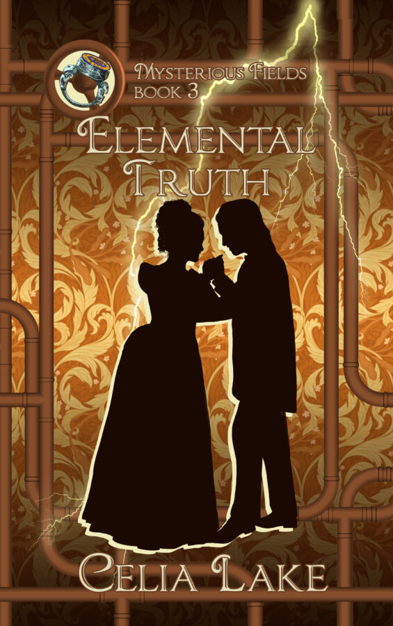 A silhouetted man and woman in Victorian dress waltz hand in hand on a golden damask background bordered by pipes and gears with a streak of lightning behind them. A jeweled ring is set in the top left.
