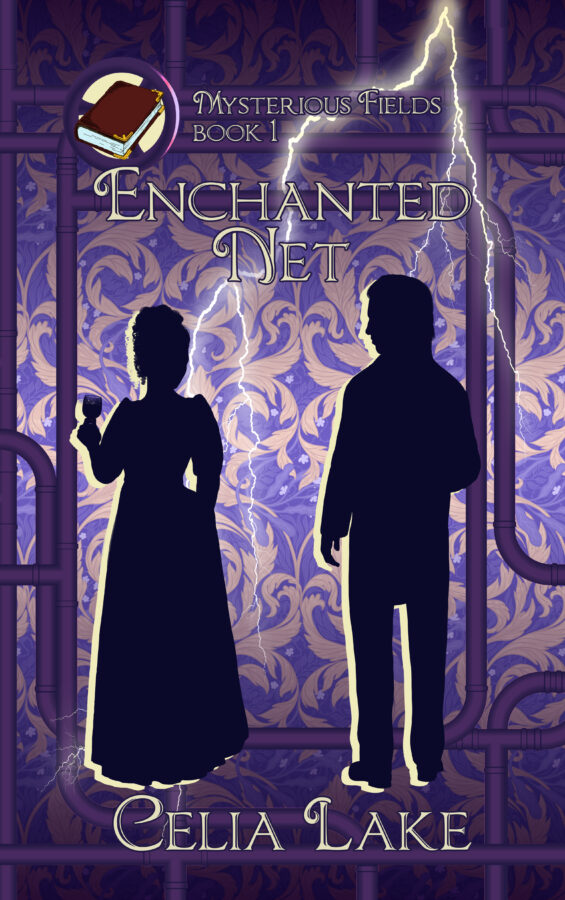 A silhouetted man and woman in Victorian dress stand with their backs to the viewer. She is holding a glass of wine as they look toward each other. The background is a purple damask, crossed by pipes and gears and a streak of lightning, with a book inset in the top left corner.
