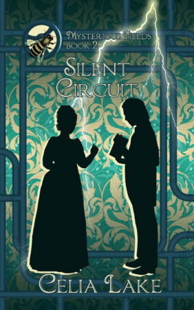 A silhouetted man and woman in Victorian dress face each other. He is holding a book open for her, as her hand moves to turn a page. They’re on a background of green damask with green pipes, a streak of lightning behind them. A bee is inset on top of a gear in the top left.
