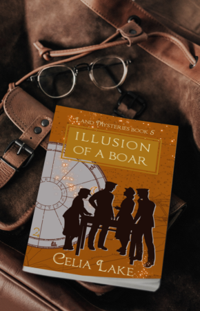 Cover of Illusion of a Boar: Two silhouetted men and women standing at a table, on a ground of deep gold with an astrological chart behind them. Shown on a leather satchel with a pair of gold rimmed glasses. 