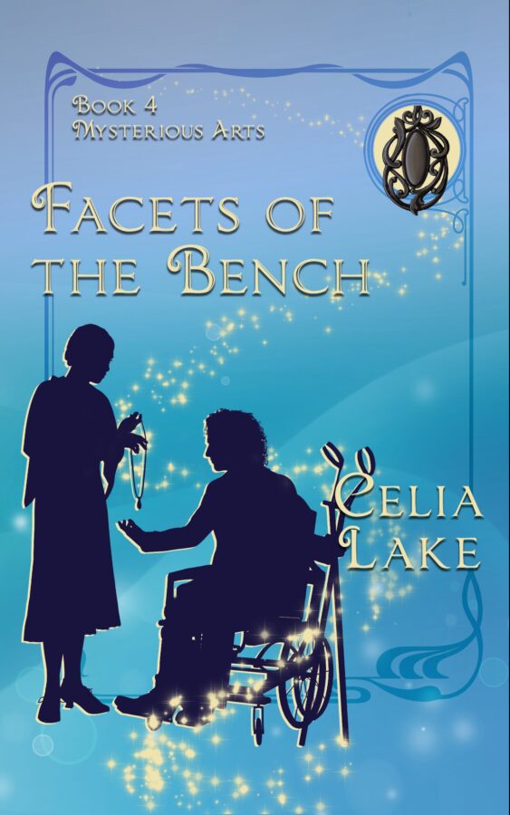 Cover of Facets of the Bench: a man and woman in silhouette. She shows him a necklace as he sits in a wheelchair with forearm crutches propped against the chair.