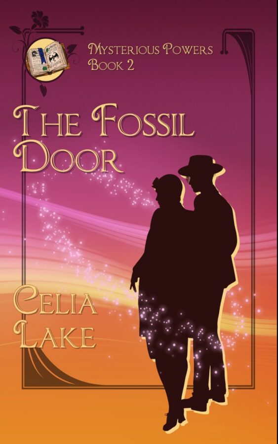 Cover of The Fossil Door. A man and woman in 1920s dress stand silhouetted on a bright burgundy and glowing orange background. An illuminated book is inset in the top left corner.