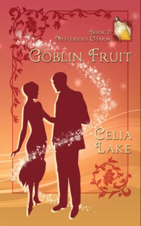 Cover of Goblin Fruit. A man and woman in 1920s dress are silhouetted on a glowing red and golden yellow background. She turns toward him and he holds her hand. A bottle of golden liquid is inset in the top right corner.