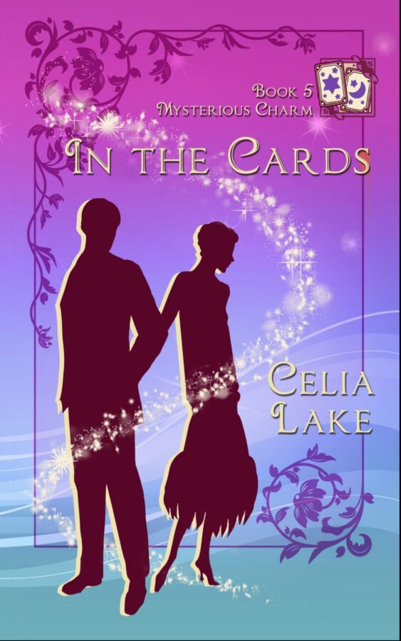 Cover of In The Cards. A man and woman in 1920s dress silhouetted on a pale purple and blue cover. She turns away from him, and they are looking at something to the right of the image. A set of divination cards are inset in the top right.