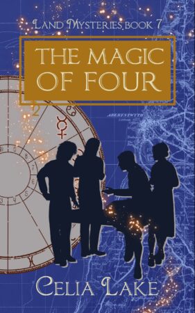 Cover of The Magic of Four: Four students in silhouette on a blue background of a map off the west coast of Wales. Three stand around a table, the fourth is perched on the near corner, leaning forward and gesturing.