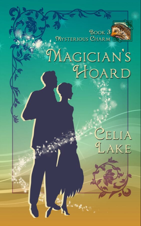 Cover of Magician's Hoard. A man and woman in 1920s dress silhouetted on a teal background shading to sandy brown. A hedgehog is inset in the top right.