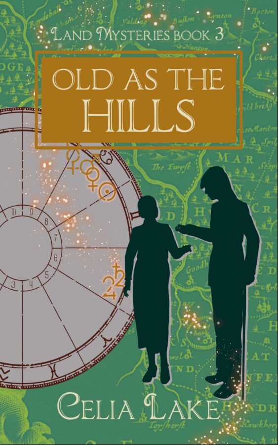 The cover of Old As The Hills has a man with a cane and a woman silhouetted on a green ground with a map. She holds out her hand, he is putting something into it, forming a doorway between them. An astrological chart behind them shows the symbols for Venus, the Sun, Jupiter, and Saturn highlighted behind a splash of glowing stars.