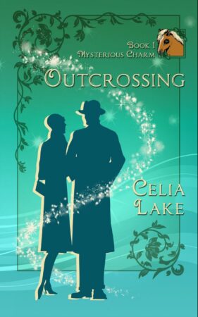 Cover of Outcrossing. A silhouetted man and woman in 1920s clothing standing next to each other, silhouetted on a green background. A chestnut pony's head is inset in the top right.