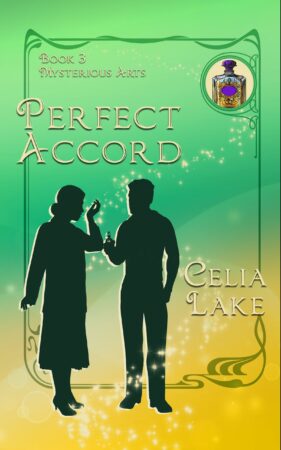 Cover of Perfect Accord: Two silhouetted figures in 1920s casual clothing. The man is handing the woman a perfume bottle, and she is testing it on the inside of her wrist. The right upper corner has a perfume bottle inset.