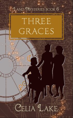 The cover of Three Graces has three women in silhouette, two standing and one sitting, her hand resting on a cane. All three are wearing clothes from during the Second World War, against a deep brown cover with a map. An astrology chart to the back left has the Moon and Venus picked out in brighter gold.