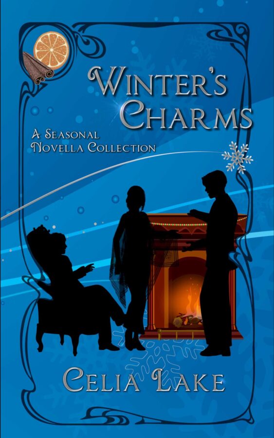 Cover of Winter's Charms, a seasonal novella collection. Three figures are silhouetted on a blue background with snowflakes, in front of a roaring fireplace decorated with a red and green garland. One man is sitting in a chair, gesturing, a woman stands wearing a translucent shawl, and another man leans his hand on the mantlepiece. Oranges and cinnamon sticks are inset in the top left.