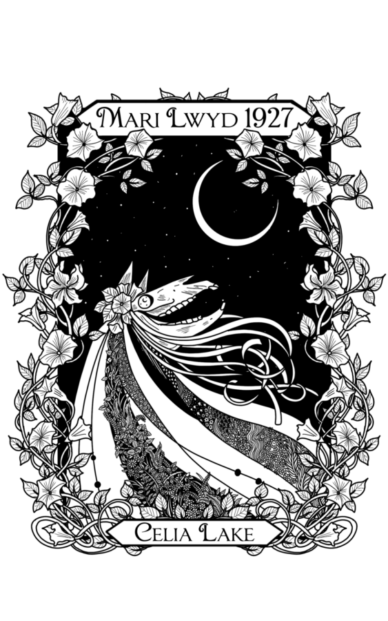 Mari Lwyd 1927: A black and white illustration of the Mari Lwyd (a figure with a skeletal horse head draped in strips of cloth) looking up at the crescent moon in delight. She is surrounded by a frame of moonflowers, and the fabric draped from her skull has panels of delicate leaf and growing plants, as well as rhythmic patterns.